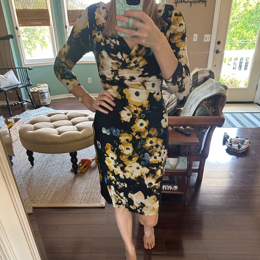 Ralph Lauren Floral Midi Dress in Black and Yellow